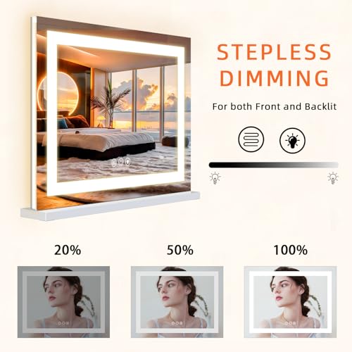 Beige Vanity Mirror with Lights - 22x19 Inch Backlit & Front Lit Hollywood Style