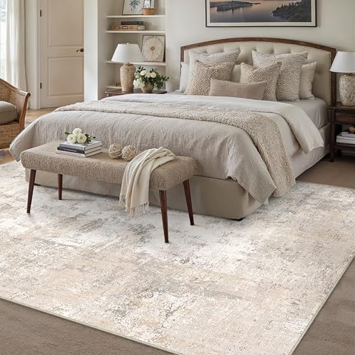 Beige Grey Abstract Area Rug 8x10 Low Pile Modern Indoor Carpet - WondRg
