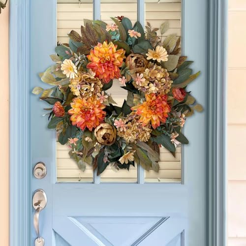 WANNA-CUL 24in Fall Front Door Wreath Dahlia Hydrangea Peony Vintage Spring Variation