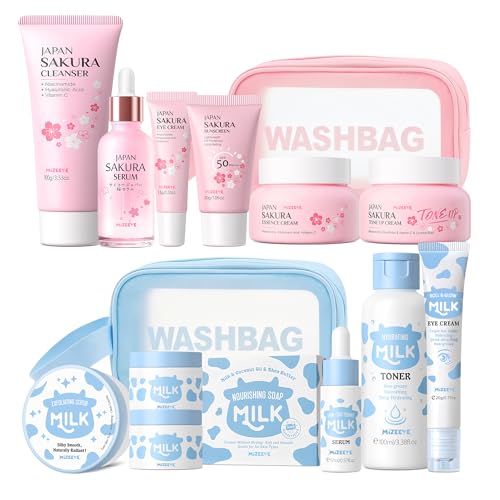 Sakura & Milk Skincare Set for Teens & Kids, 15 PCS Complete Day & Night Face Routine Kit for Girls & Office Worker, Hydrating, Shrink Pores, Perfect Gift Set for Self Care, Birthday, Party