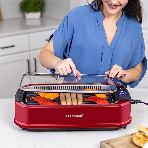 Techwood Smokeless Indoor Grill - Single Rose Red Non-Stick Plate, 1500W Portable Electric Korean BBQ