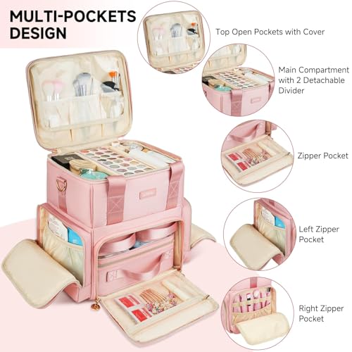 Extra Large Makeup Bag,4 in 1 Cosmetic Storage Organizer Travel Case with 3 Detachable Pouches and Dividers,Pink
