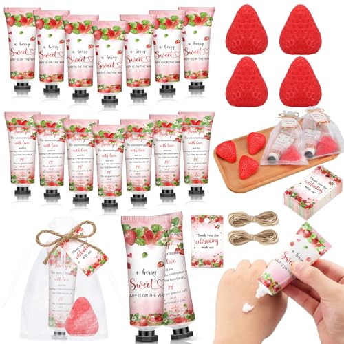 Baby Shower Favors Soap Set - 25 Strawberry Themed Guest Gifts with Hand Cream & Tags