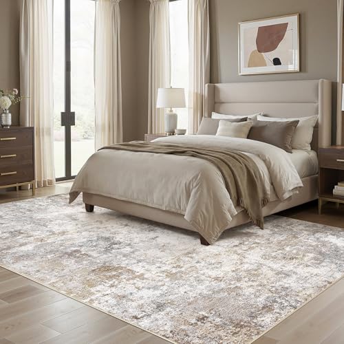 7x9 Area Rug - Washable Neutral Abstract Living Room Carpet - Brown Grey