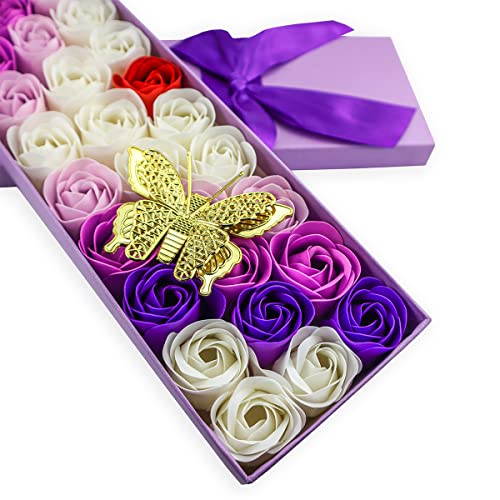 JIALEEY 33 PCS Floral Scented Bath Soap Rose Flower Petals, Plant Essential Oil Rose Soap Set Gifts Ideas for Her Women Girls Mom Valentine's Day, Purple Gift Box