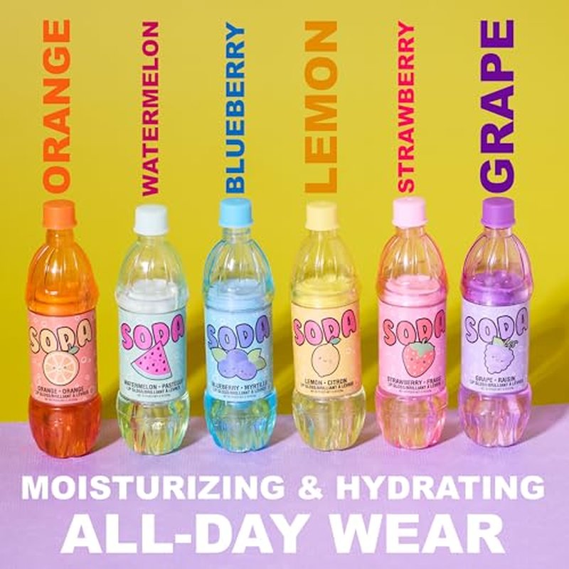 EXPRESSIONS 6pc Soda Pop Lip Gloss Collection - Fruit Flavored, Non-Toxic Soda Bottle Lip Gloss Set, Teen Girls Party Favors