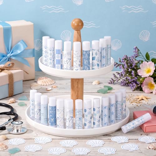 Blue Coastal Seashell Lip Balm Set - 36 Nautical Party Favors, Beach Gift for Bachelorette & Wedding