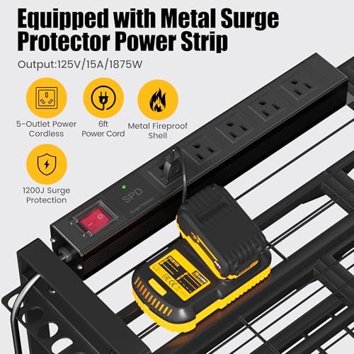 32 Inch Power Tool Wall Mount Organizer with Charging Station - Heavy Duty 4-Tier Metal Rack with Surge Power Strip and 8 Drill Holders