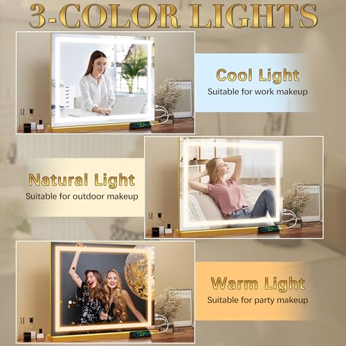 Gold Vanity Mirror with Lights 23x18 Inch Full View Dimmable LED Beauty Mirror - Detachable Magnifier
