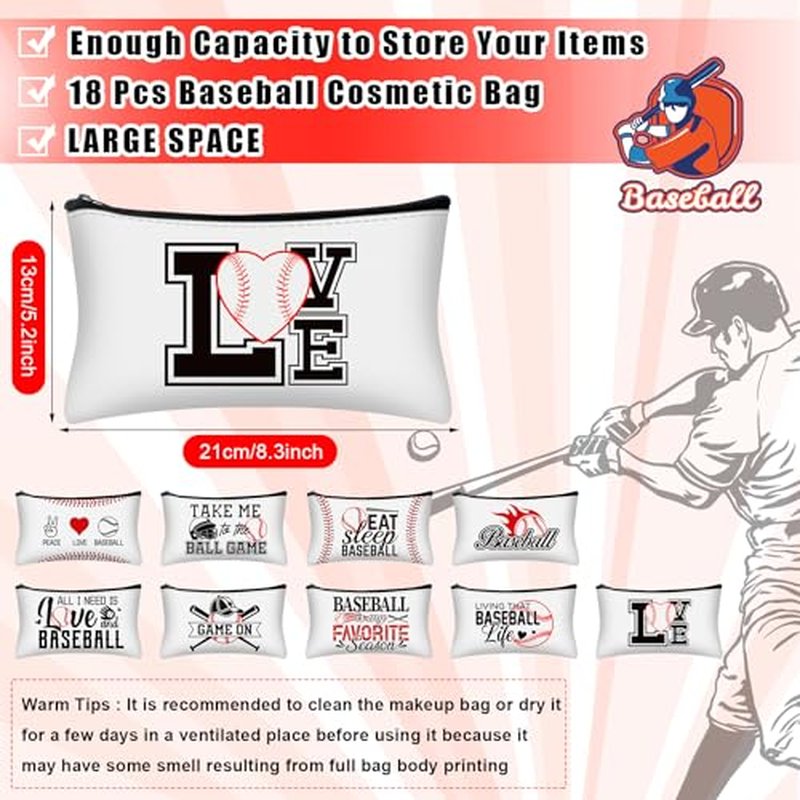 18 Pcs Baseball Makeup Bags Baseball Gifts Sport Cosmetic Bag Baseball Player Gifts Canvas Baseball Bags with Zipper for Women Girls Baseball Lovers Team Party Favors