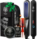 Blue Heated Ionic Hair Straightening Brush for Men - 5 Temp Settings, Anti-Scald, Beard Shaper & Travel Bag