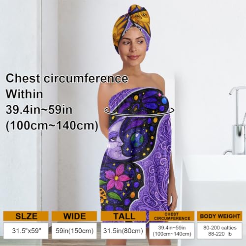 Women's Boho Butterfly Towel Wrap & Hair Drying Cap Set - Celestial Moon Sun Print - Quick Dry Microfiber Spa Wrap - Variation Butterfly 1