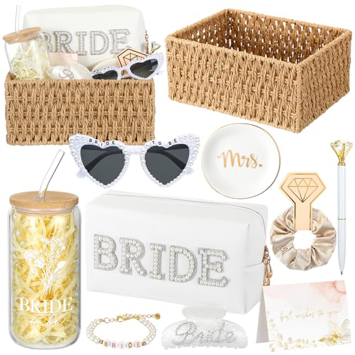 LemonRoad 11 Pcs Bride Gifts Basket Set for Bridal Shower Bachelorette Party Heart Glasses Glass Cup Makeup Bag Bracelet Claw Clip Scrunchies Card Bride to Be Box Wedding Engagement Gifts for Her