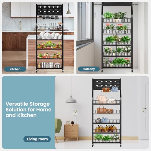 50cm Black Metal Snack Display Rack with Hooks & Wheels - 5 Tiers for Retail & Home Use