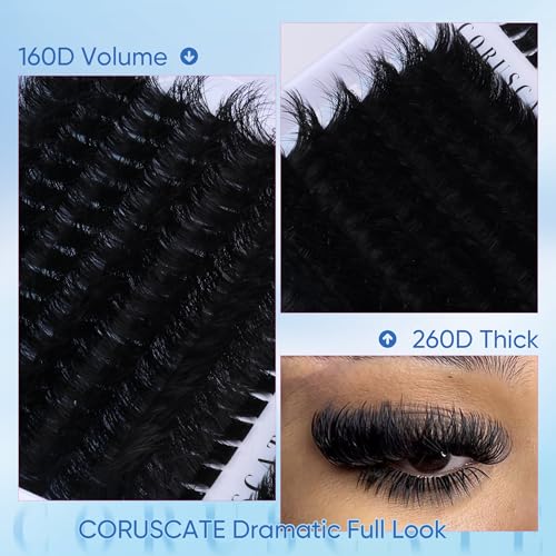 CORUSCATE Lash Clusters 160D+260D Eyelash Clusters 12-24mm Long Lash Extension Thick Cluster Eyelash Extensions Volume Strip Mink Lashes Cluster Dramatic Full Salon Look Mega Eyelashes