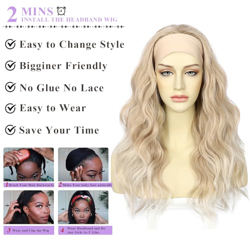 Blonde Synthetic Headband Wig - Body Wave, 20 Inch, Highlight Tips