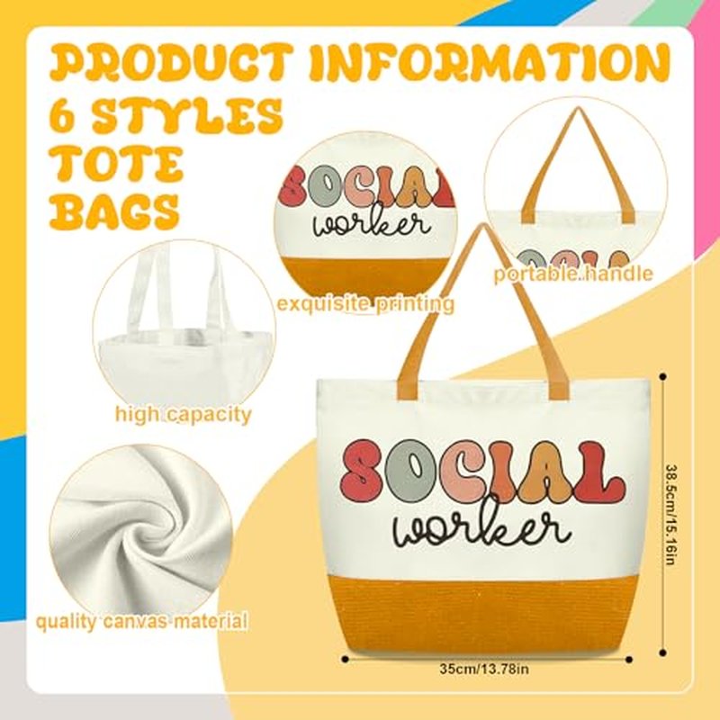 12 Pcs Social Worker Tote Bag Gift for Women Include 6 Cosmetic Bags 6 Canvas Bags Social Worker Appreciation Gifts Set for Women Retirement Volunteer Graduation Birthday Holiday Bag Gift Bulk