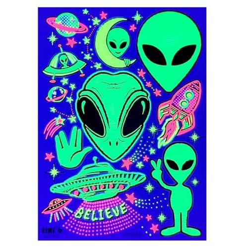Temporary UV Blacklight Reactive Tattoos ? 1 Sheet Alien UFO Design Body Art Festival Accessories Glow in the Dark Party Supplies | 7.2¡± x 5.2¡± Temp Tattoos Great for EDM EDC Party Rave Parties