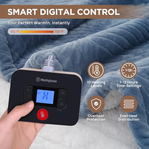 Westinghouse Blue Twin Heated Blanket 62x84 with Flannel and Sherpa