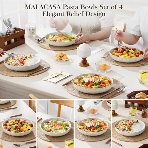 White Ceramic Pasta Bowls Set of 4 48 Oz Large Salad Plates Modern Relief Design
