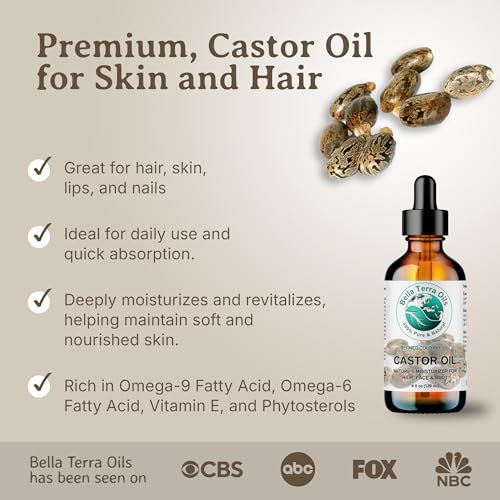 Bella Terra Oils - Organic Castor Oil 4 oz Glass Bottle - Dive into Pure Organic Castor Essence, High in Essential Fatty Acids, Perfect for Nourishing Beauty Rituals