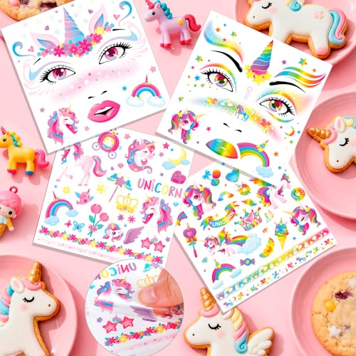 HOWAF 4 PCS Halloween Face Tattoos, Unicorn Face Sticker Temporary Tattoos Stickers for Unicorn Costume Carnival Halloween Costume Women Men
