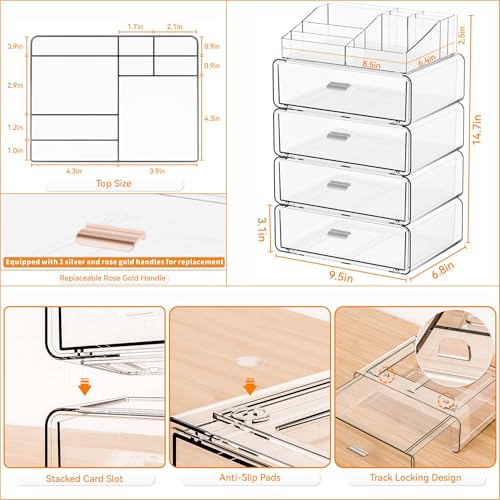 Yieach 4-Drawer Clear Acrylic Makeup Organizer with 5 Tiers for Countertop Storage