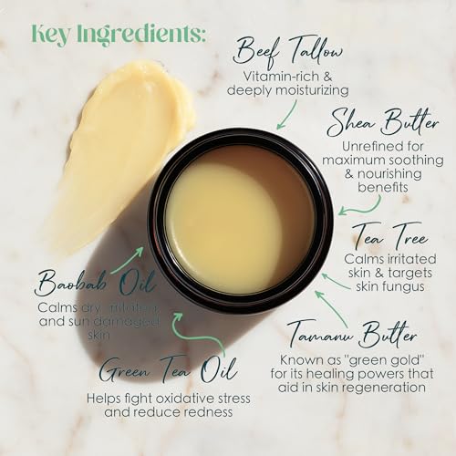 Natural Skin Healing and Repair Beef Tallow and Shea Butter Balm with Tea Tree Oil | Treats Scars, Rashes, and Soothes Dry, Sensitive, Irritated Skin | Infused with Organic Calendula Flowers 4 oz