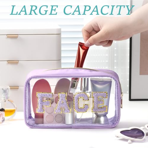 4 Pcs Beach Travel Toiletry Bags with Zipper - Clear Chenille Letter Pouch Set for Women - Purple, Pink, Blue, Apricot