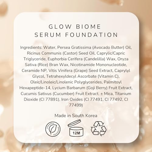 Emani Glow Biome NAD+ Serum Foundation for Sensitive Skin, Lightweight Skin-Like Coverage, With Vitamin C, Peptides, Ceramides, Avocado Oil, Refillable Compact, 0.63 fl oz, Medium Glow