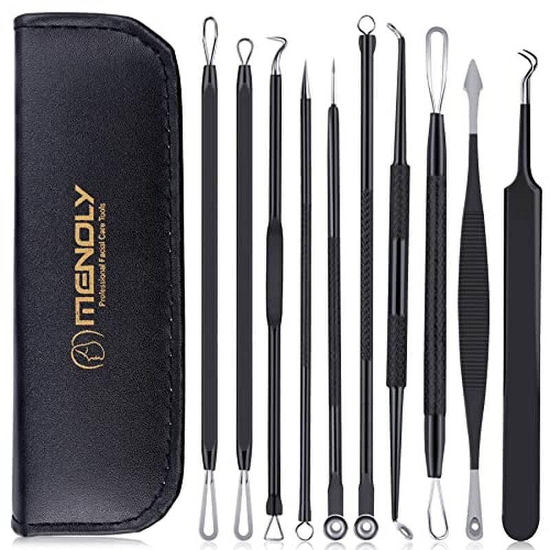 MENOLY Pimple Popper Tool Kit 10 Pcs, Pimple Blackhead Remover Tool Zit Popper for Blemish, Pimple Comedone Extractor Acne Tool for Blackheads, Acnes, Whiteheads Nose Face Tools with Leather Bag