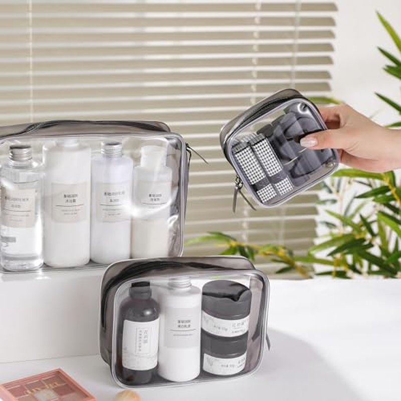 4 Pcs Clear Toiletry Carry Pouch with Zipper, Makeup Cosmetic Bag for Women Men Traveling Vacation Organization Business Trip Home Clear-Black