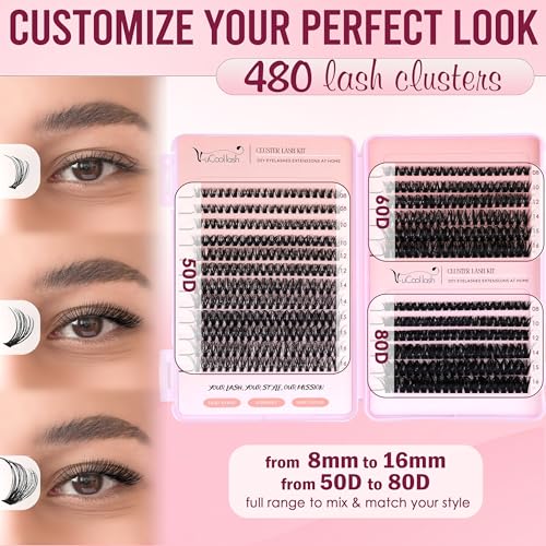 DIY Lash Clusters Kit - 480 PCS, Wispy D Curl Eyelash Extensions 8-16mm with Bond & Seal Glue, Tweezers, 3 Pads & Brush - Beginner-Friendly Individual Cluster Lashes (50D/60D/80D)