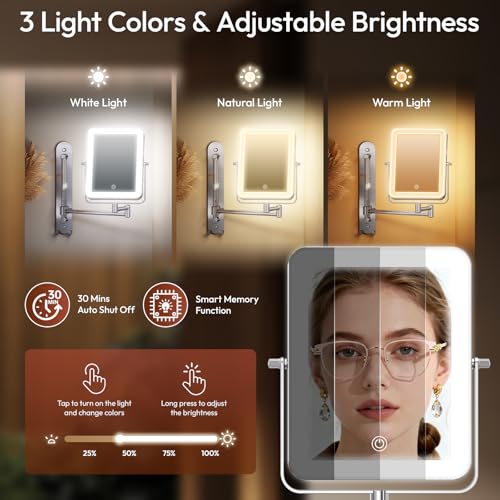 Height Adjustable Wall Mounted Lighted Makeup Mirror with Lights, 10X Magnifying Mirror for Bathroom, 7in Slide Rail and 360¡Æ Extended Arm, Rechargeable Wall Mirror with Dual Hooks for Hotel