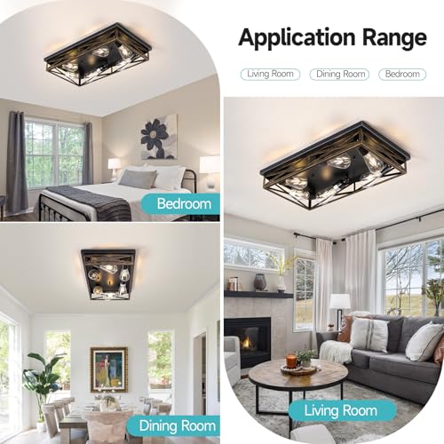 Rustic Black Farmhouse Ceiling Light - 23 Inch 6-Light Metal Cage Fixture, Flush Mount, E26 Base
