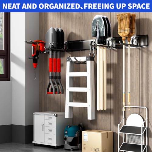 Garage Tool Organizer Wall Mount - 64 Inch Heavy Duty Steel Storage System with 10 Adjustable Hooks - Black