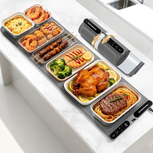 Extra Large Food Warming Mat 47x15 Inch with 7 Heat Settings & 8-Hour Timer – Gray, Flexible Buffet Warming Pad