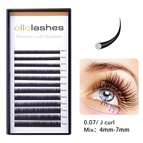 Bottom Lash Extension J Curl 0.07mm Mix4-7mm 4mm 5mm 6mm 7mm Black Color Bottom Lash Extensions, Professional Supplies for Lash Techs (Bottom-J-0.07, 4-7mm)