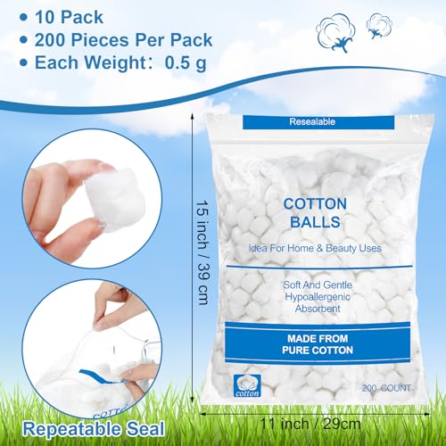 2000 Pcs Organic Soft Cotton Balls Bulk – Heigble 10 Bags, 200 per Bag