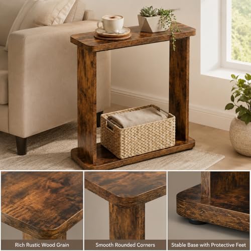 Rustic Brown Narrow Side Table - 7.9 Inch Slim End Table with Dual-Tier Storage