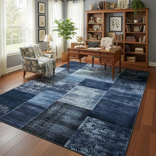 Washable Area Rug 6x9 Navy Blue Geometric Patchwork Non-Slip Stain-Resistant for Living Room