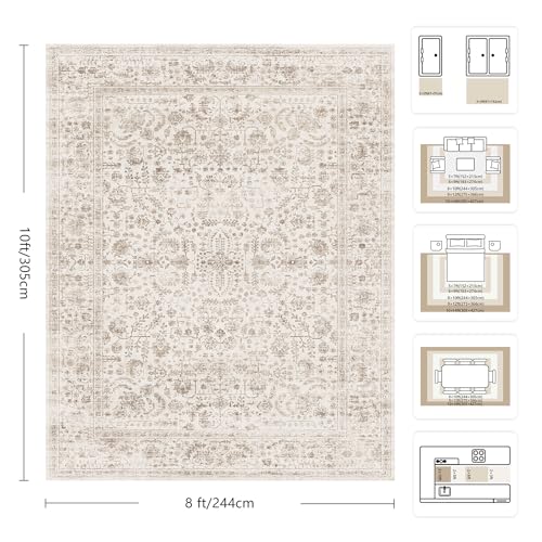 Yarooge 8x10 Light Brown Washable Vintage Floral Rug - Non-Slip Low Pile Carpet for Living Room & Bedroom