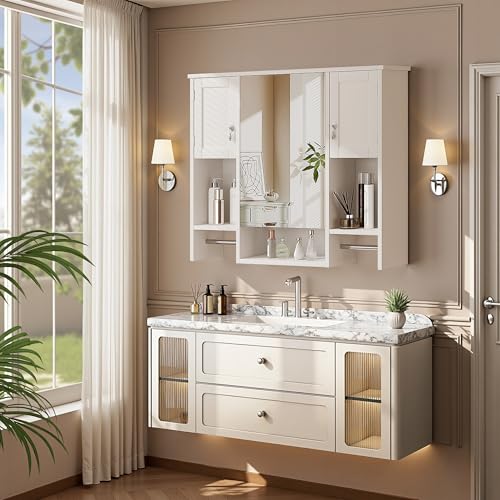 Large Bathroom Wall Cabinet with Mirror & Towel Bars, Storage Shelf, White
