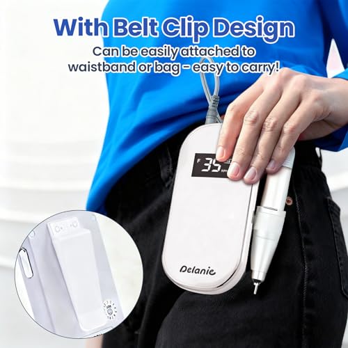Delanie Electric Nail Drill 35000 RPM, Portable E File for Nails Professional with Belt Clip, Rechargeable Electric Nail File for Acrylic and Gel Nails, Efile Nail Machine with bits kit for Manicure
