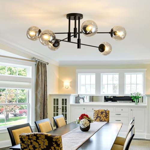 Black 6-Light Glass Globe Sputnik Ceiling Light Fixture Modern Farmhouse Chandelier