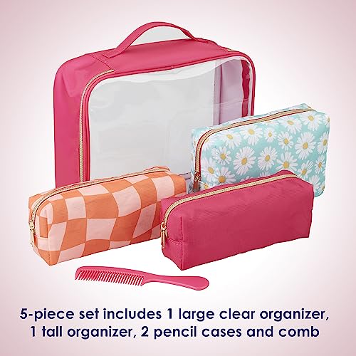 Conair Pink & Daisy Print 5-Piece Toiletry Travel Set with Makeup Bags & Comb