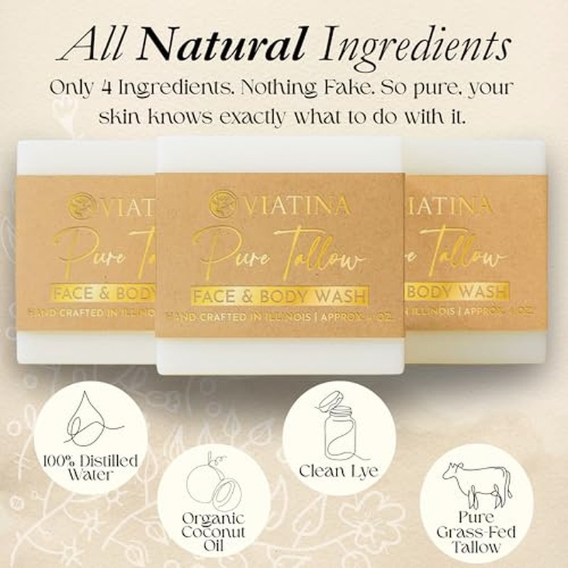Beef Tallow Soap Bar - All Natural Grass Fed Beef Tallow - No artificial fragrances - Handcrafted in Illinois - 3 Pack