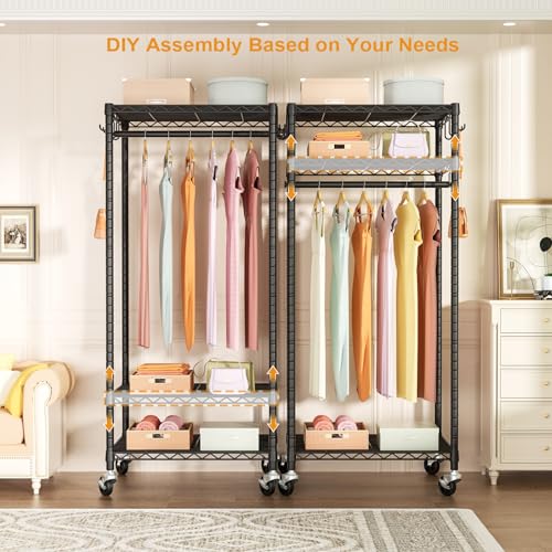 FUTASSI Mini Black Rolling Clothes Rack with Adjustable Shelves & Heavy Duty Support