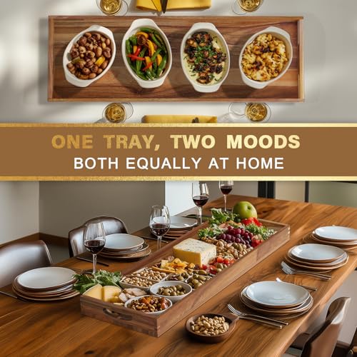 Extra Large Acacia Wood Serving Tray 36 x 12 Inches with Handles - Brown Variation