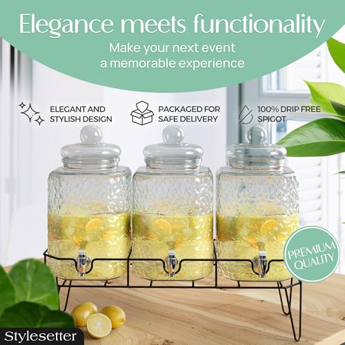 Style Setter Premium 1.5 Gal Glass Dispenser Set of 3 with Stand - Triple Beverage Stations